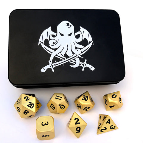 Cthulhu's Gold Solid Metal Polyhedral D&D Dice Set with Case